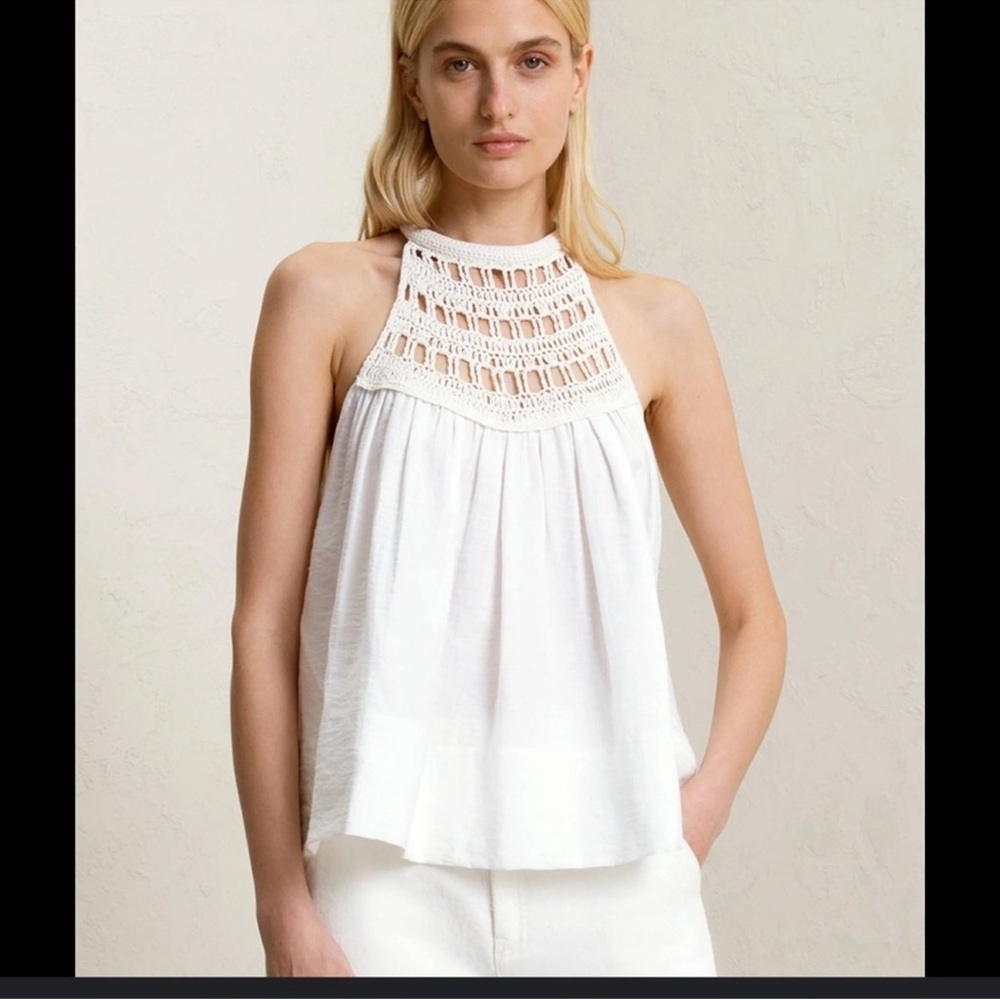 A.L.C. Reina Linen Blend Crochet Neck Halter Tank Top White - Picture 2 of 14